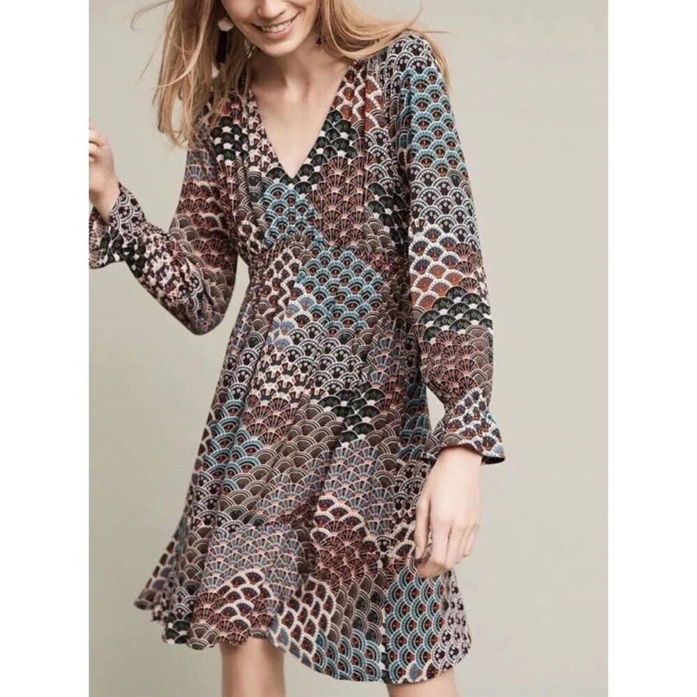 ANTHROPOLOGIE Maeve Women’s Dress SMALL Monaco Empire Fan Print Peacock